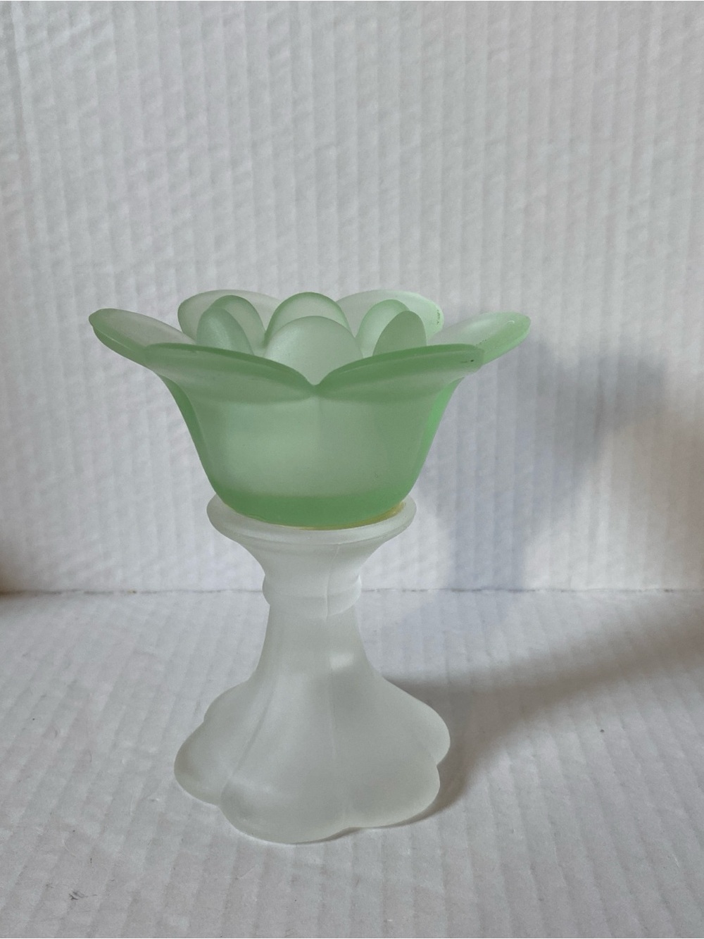 Vintage Frosted Satin Green Glass Candle Holder Flower Design With Pedestal Base